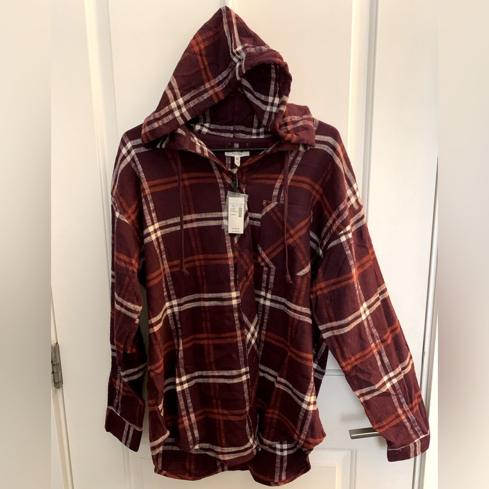 Plaid Hooded Shirt in Burgundy and White